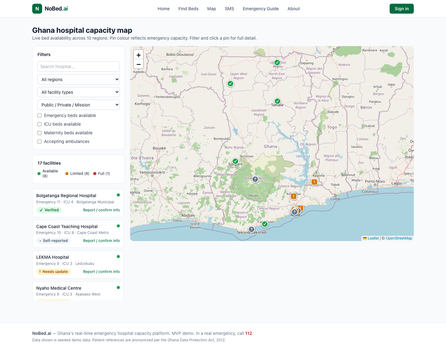 Ghana Hospital Map: screenshot of the live NoBed.ai demo