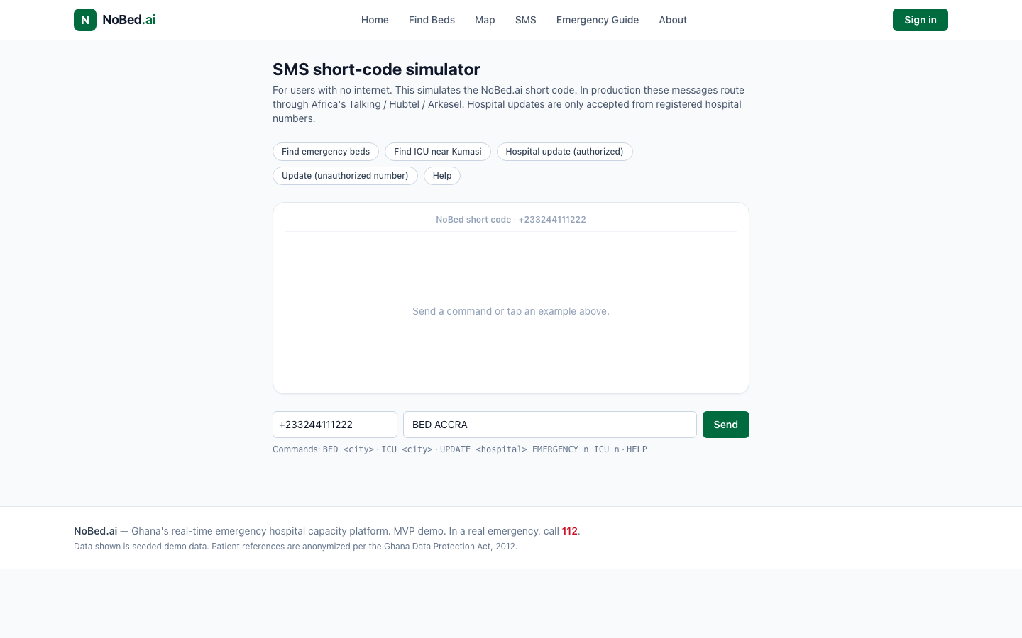 SMS Short Code Access: screenshot of the live NoBed.ai demo